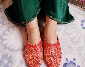 Handmade orange Leather Babouche Slippers, Pointed Mule Shoes, Authentic Moroccan Leather Shoes, Embroidered Women Flat Mules