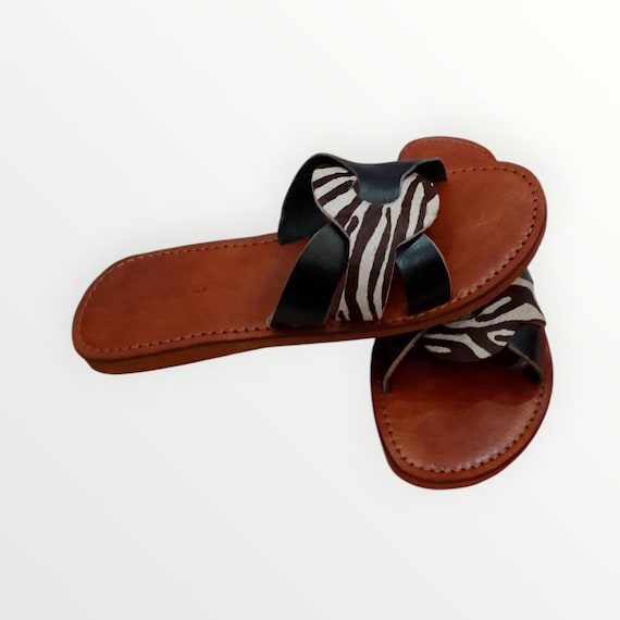 Handmade Leather Slide Sandals: Zebra Print, African Style  display picture 3