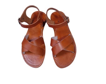 Sandalias planas de cuero marroquí hechas a mano, zapatos de verano minimalistas, correa en el tobillo