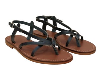 Verstelbare leren blote voetensandalen - zwarte platte sandalen voor dames