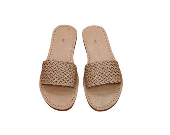 Handmade Leather Sandals – Colorful Woven Strap – Women’s Flat Summer Shoes –  Natural Moroccan Slides