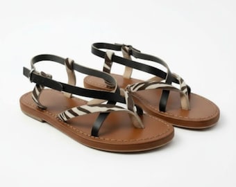 Verstelbare leren blote voetensandalen - platte sandalen met zebraprint voor dames