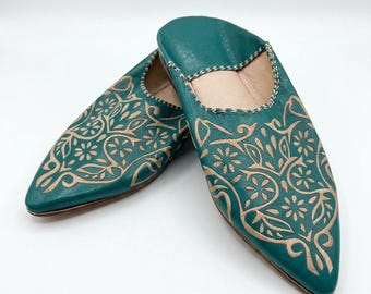 Embroidered Leather Babouche: Women's Teal Green Moroccan Slippers, Handmade Mules