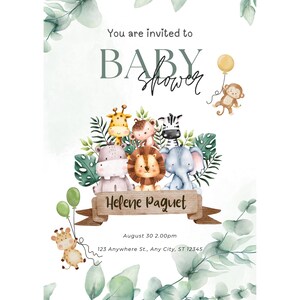 Invitación de baby shower con temática animal, plantilla de tarjeta de felicitación, personalizable, invitación de baby shower para niño y niña, tarjeta de baby shower de safari