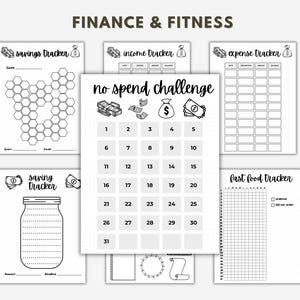 May include: Black and white printable budget tracker sheets with headings for savings, income, expenses, fast food, and a no spend challenge. The sheets feature illustrations of money bags and stacks of cash.