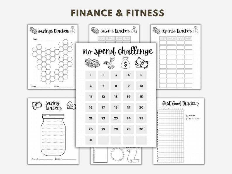 May include: Black and white printable budget tracker sheets with headings for savings, income, expenses, fast food, and a no spend challenge. The sheets feature illustrations of money bags and stacks of cash.