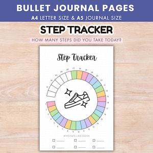 Könnte beinhalten: Eine druckbare Bullet-Journal-Seite mit einem kreisförmigen Schrittzähler aus 31 Segmenten in Pastellfarben. In der Mitte befindet sich ein Sneaker-Symbol mit Sternchen. Der Text lautet "BULLET JOURNAL PAGES", "STEP TRACKER" und "HOW MANY STEPS DID YOU TAKE TODAY?"