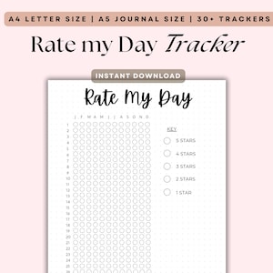 May include: A printable rate my day tracker with a key for rating your day from 1 to 5 stars. The tracker is designed for a year and includes a column for each month.