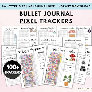 2025 Bullet Journal Pixel Trackers, Premade ADHD BUJO Planner, Habit Mood Reading Anxiety Sleep Wellness Goals Tracker, Dotted A4 A5 Planner