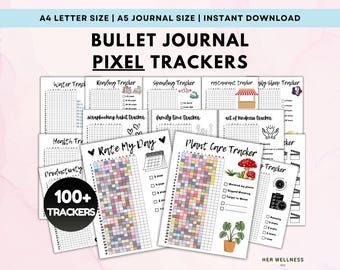 2025 Bullet Journal Pixel Trackers, Premade ADHD BUJO Planner, Habit Mood Reading Anxiety Sleep Wellness Goals Tracker, Dotted A4 A5 Planner
