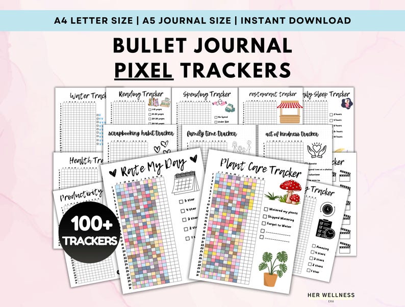 May include: A collection of 100+ printable bullet journal pixel trackers. The trackers are designed for a variety of purposes, including water intake, spending, sleep, health, productivity, and plant care. The trackers are in black and white with colorful accents.