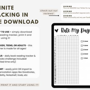 May include: Black and white printable daily planner with a grid for rating your day on a scale of 1 to 5 stars. The planner includes the months of January through December. The text "Rate My Day" is at the top of the planner.