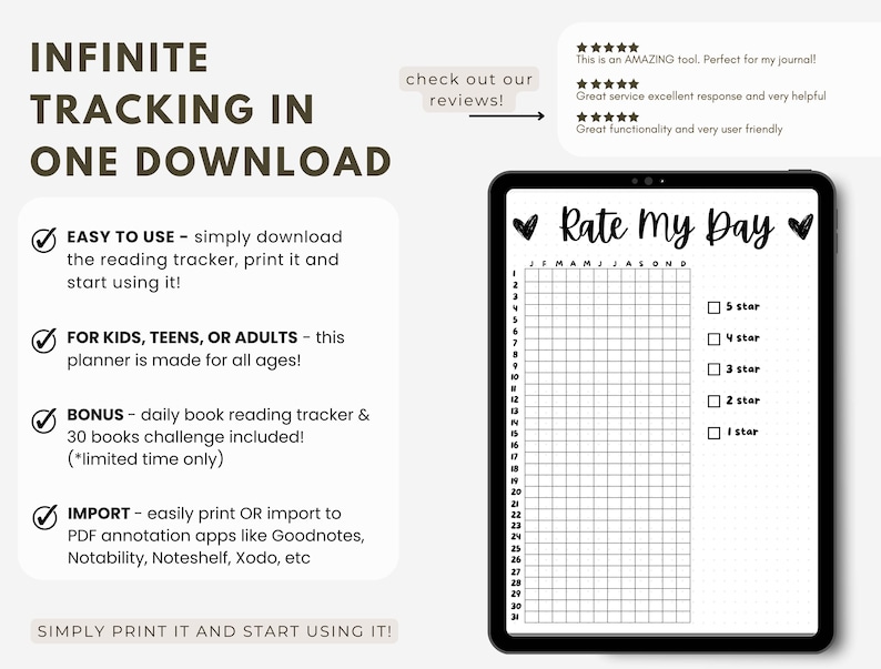 May include: Black and white printable daily planner with a grid for rating your day on a scale of 1 to 5 stars. The planner includes the months of January through December. The text "Rate My Day" is at the top of the planner.