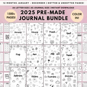 2025 Premade Bullet Journal Bundle Printable Bujo Journal Pages Undated Digital Bullet Journal Template Color in Journal Habit Mood Trackers
