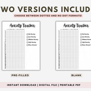 May include: Two printable anxiety tracker pages, one with a dotted grid and one without. Both pages have a checklist for tracking anxiety levels: No Anxiety, Low Anxiety, Medium Anxiety, High Anxiety, Panic Attack!