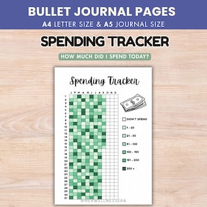 May include: A printable spending tracker bullet journal page featuring a grid with months and days, a stack of cash illustration, and a color-coded legend. The text reads Bullet Journal Pages, A4 Letter Size & A5 Journal Size, Spending Tracker, How Much Did I Spend Today?, Spending Tracker, Didn't Spend, 1-20, 21-50, 51-100, 100-150, 151-200, 200+, and Herwellnessera.