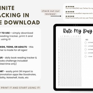 May include: A black and white printable digital planner with a grid of circles for rating your day. The planner includes a key with 5 stars, 4 stars, 3 stars, 2 stars, and 1 star. The text "Rate My Day" is at the top of the planner.