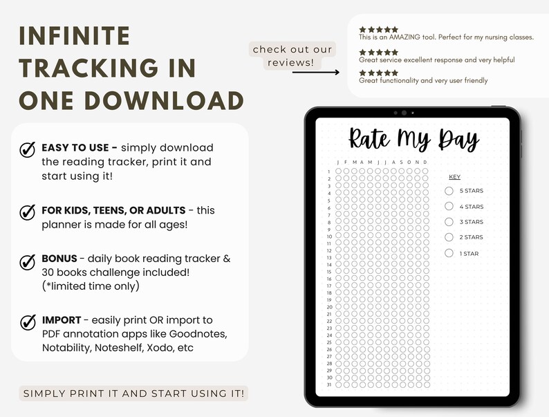 May include: A black and white printable digital planner with a grid of circles for rating your day. The planner includes a key with 5 stars, 4 stars, 3 stars, 2 stars, and 1 star. The text "Rate My Day" is at the top of the planner.