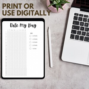 May include: A digital planner on a tablet with the text "Rate My Day" and a grid of circles for rating each day of the year. The planner is on a gray surface with a laptop and a potted plant.