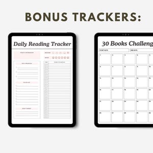 May include: Two digital planner templates displayed on a tablet screen. The first template is a daily reading tracker with sections for today's information, top 3 priorities, to do list, don't forget, mood, weather, time, and plans & schedule. The second template is a 30 books challenge tracker with sections for start date, end date, and 30 numbered boxes for book titles.