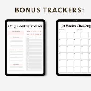 May include: Two digital planner pages on a tablet screen. The first page is a daily reading tracker with sections for today's affirmation, top 3 priorities, to-do list, don't forget, weather, mood, time, and plans & schedule. The second page is a 30 books challenge tracker with sections for start date, end date, and 30 numbered boxes.