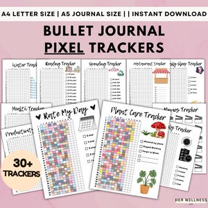 Yearly Pixel Habit Trackers Bundle, 2025 Bullet Journal Kit, Premade Bullett, A4 A5 Journal Bujo Pages, Undated Yearly Calendar Mood Tracker