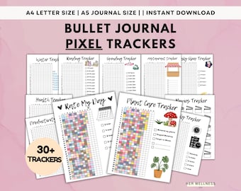 Yearly Pixel Habit Trackers Bundle, 2025 Bullet Journal Kit, Premade Bullett, A4 A5 Journal Bujo Pages, Undated Yearly Calendar Mood Tracker