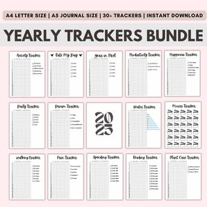 May include: A set of printable yearly trackers for 2025. The trackers include a variety of topics such as anxiety, mood, sleep, water intake, movies, reading, and more. The trackers are designed to be used in a journal or planner.