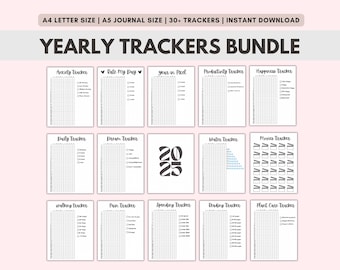 Yearly Habit Trackers Bundle, A4 A5 Printable Journal Pages, Bullet Journal, Reading Tracker, Mood Tracker, Anxiety Journal, Year in Pixels