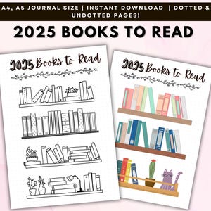 Könnte beinhalten: Zwei druckbare Seiten für eine Liste mit Büchern, die man 2025 lesen möchte. Jede Seite zeigt ein Bücherregal mit Büchern in verschiedenen Farben und eine niedliche Katzenillustration.