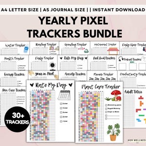 Yearly Pixel Trackers Bundle, Printable Premade Bullett Journal Pages 2025, Bujo Planner Dotted, Grid Pages, Year At A Glance, Undated Plan