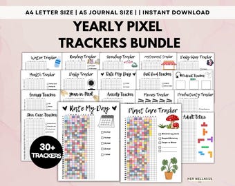 Yearly Pixel Trackers Bundle, Printable Premade Bullett Journal Pages 2025, Bujo Planner Dotted, Grid Pages, Year At A Glance, Undated Plan