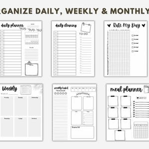 May include: A set of printable planner pages for organizing daily, weekly, and monthly tasks. The pages include sections for daily planning, cleaning, habit tracking, meal planning, and rating your day.