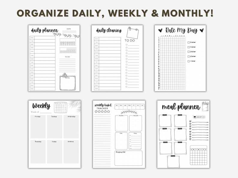 May include: A set of printable planner pages for organizing daily, weekly, and monthly tasks. The pages include sections for daily planning, cleaning, habit tracking, meal planning, and rating your day.