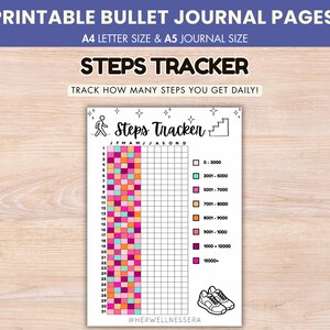 Walking Steps Tracker, PRINTABLE Step Goals, Health and Fitness Goals Tracker, Health Log, Bullet Journal Page, Daily Monthly Planner A4 A5
