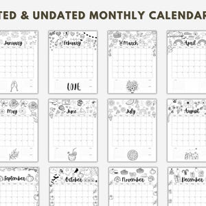 May include: A set of 12 printable monthly calendars with black and white illustrations. Each calendar features a different design with a theme for each month. The calendars are undated and can be used for any year.