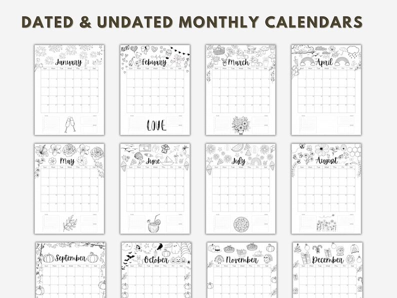 May include: A set of 12 printable monthly calendars with black and white illustrations. Each calendar features a different design with a theme for each month. The calendars are undated and can be used for any year.