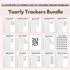 Yearly Trackers Printable Bundle, A5 Premade Bullet Journal Pages, 2025 Bujo Dotted Template Grid Pages, Bullet Binder, Year At A Glance