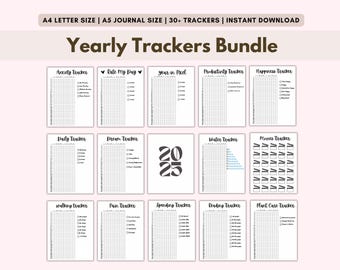 Yearly Trackers Printable Bundle, A5 Premade Bullet Journal Pages, 2025 Bujo Dotted Template Grid Pages, Bullet Binder, Year At A Glance