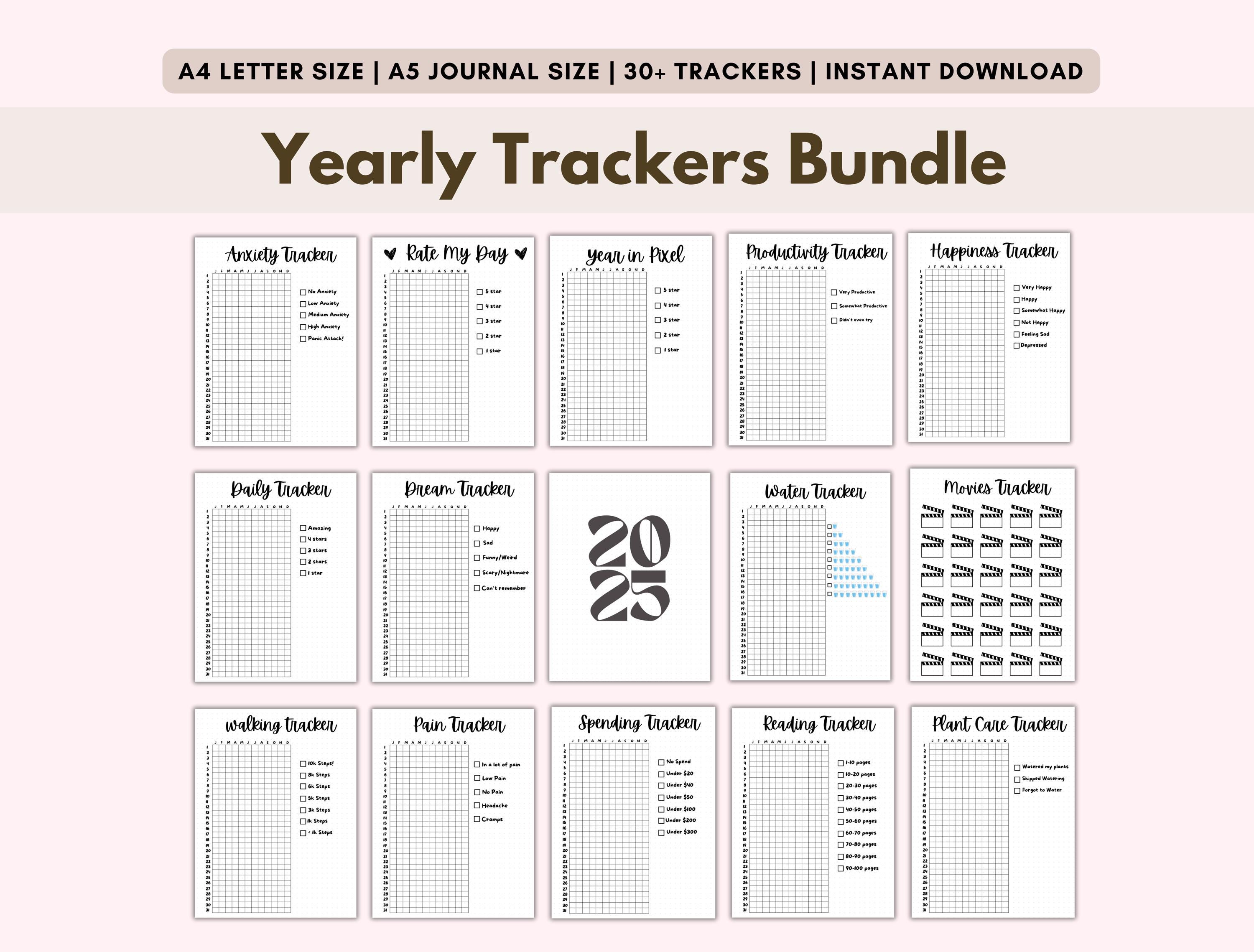 Yearly Trackers Printable Bundle, A5 Premade Bullet Journal Pages, 2025 Bujo Dotted Template Grid Pages, Bullet Binder, Year At A Glance