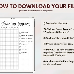 May include: A black and white printable cleaning tracker with a grid for each day of the month and a checklist of cleaning tasks. The text "Cleaning Tracker" is at the top of the page. Instructions for downloading and using the tracker are listed on the right side of the page.