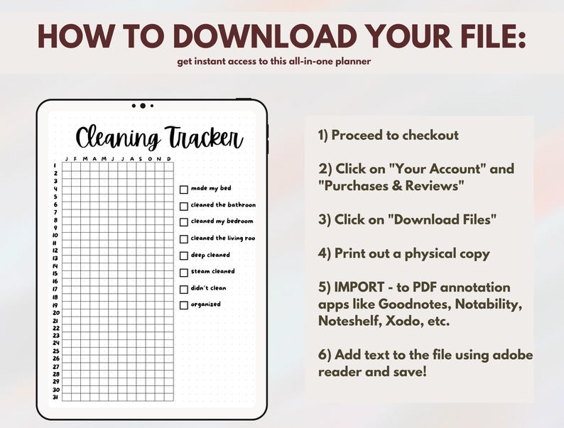 May include: A black and white printable cleaning tracker with a grid for each day of the month and a checklist of cleaning tasks. The text "Cleaning Tracker" is at the top of the page. Instructions for downloading and using the tracker are listed on the right side of the page.