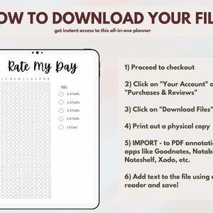 May include: A digital planner page with a grid of circles for rating your day on a scale of 1 to 5 stars. The page is titled "Rate My Day" and includes instructions on how to download and use the planner.