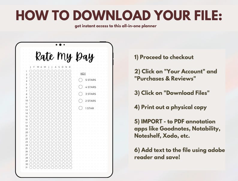 May include: A digital planner page with a grid of circles for rating your day on a scale of 1 to 5 stars. The page is titled "Rate My Day" and includes instructions on how to download and use the planner.