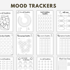 May include: A set of printable mood trackers, including a jar of hearts, a circle mood tracker, a book reading tracker, a self-care tracker, a to-do tracker, a savings tracker, an income tracker, an expense tracker, a mood tracker with cups, a January birthday tracker, a mood tracker with circles, and a plant care tracker.