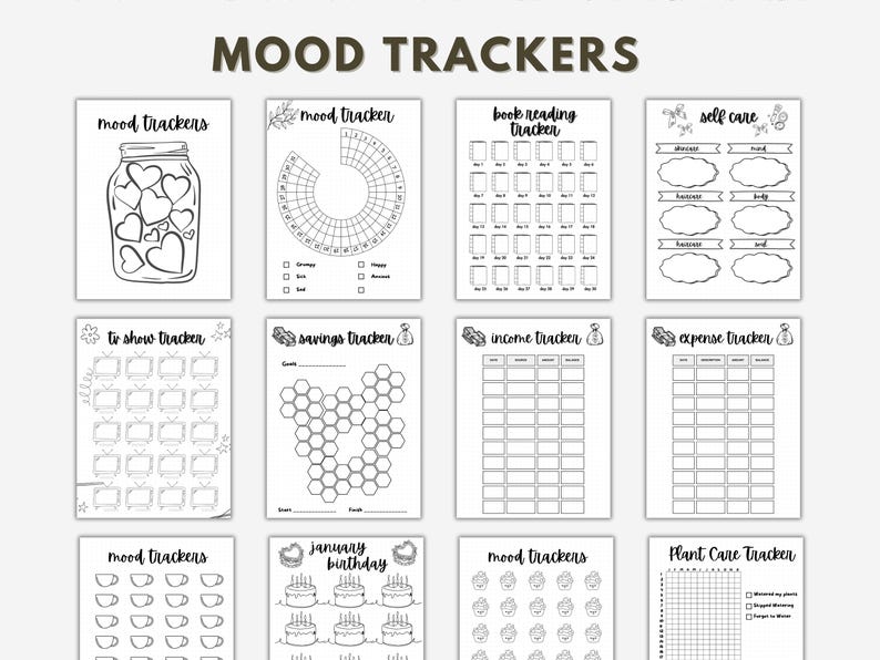 May include: A set of printable mood trackers, including a jar of hearts, a circle mood tracker, a book reading tracker, a self-care tracker, a to-do tracker, a savings tracker, an income tracker, an expense tracker, a mood tracker with cups, a January birthday tracker, a mood tracker with circles, and a plant care tracker.