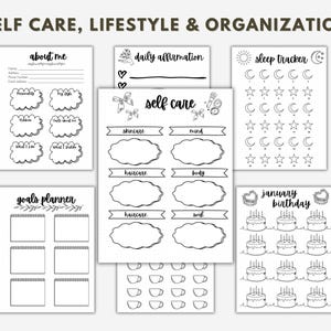 May include: Black and white printable planner pages with sections for self-care, goals, daily affirmations, sleep tracking, and a birthday calendar. The pages are decorated with simple line drawings.