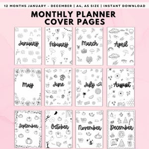 Peut inclure: Douze pages de couverture de planificateur mensuel imprimables en noir et blanc avec différentes illustrations saisonnières. Les mois sont étiquetés de janvier à décembre.