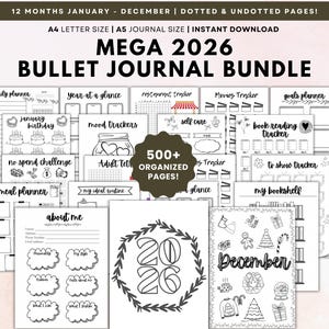 Könnte beinhalten: Ein digitales Bullet Journal Bundle für 2026 mit über 500 organisierten Seiten. Enthält Tages-, Monats- und Zielplaner sowie Tracker. Verfügbar in A4- und A5-Größen, mit gepunkteten und ungepunkteten Seiten. Mit dem Text "MEGA 2026 BULLET JOURNAL BUNDLE".