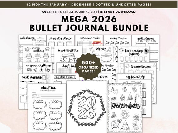2026 Mega Premade Bullet Journal Bundle, Habit & Mood Trackers, Wellness Self-care Plannee A5